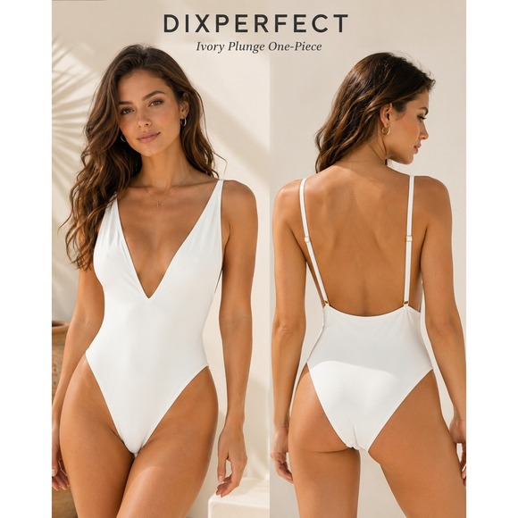 Dixperfect Other - DIXPERFECT Deep V Sexy One-Piece Swimsuit Women Medium Ivory Plunge High Cut